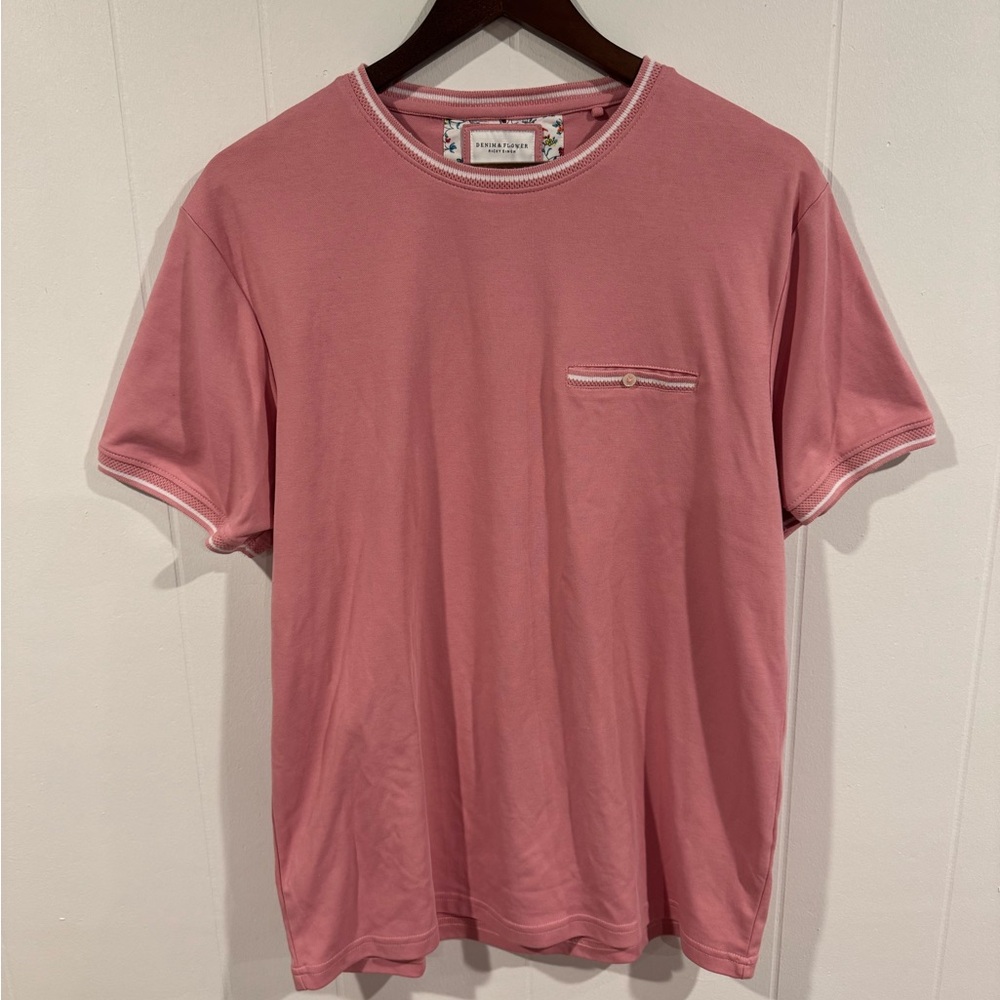 Pink Denim & Flower Stripe Trim Dressy Shirt Size XL